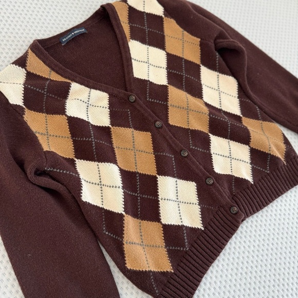Brandy Melville John Galt Brown White Elizabeth Sweater Argyle Print Cardigan OS - Picture 2 of 9